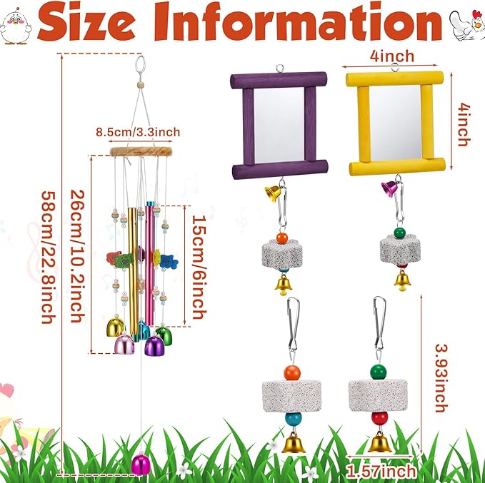 VioraWhite 7 Pcs Chicken Toys, Hanging Chicken Wind Chime, 2 Pcs Coop Mirror Toys with Bells 4 Pack Beak Grinding Stones, Musical Coop Accessories for Hen Rooster Chick Poultry Birds(Yellow, Purple)