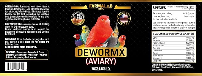 DEWORMX Liquid Extra Strength 8 oz Budgies, Parakeet, Finches, Lovebirds Small Caged Birds DEWORMX Liquid Extra Strength 8 oz para periquitos, cacatillos, cotorras, Canarios, guacamayos, Quakers