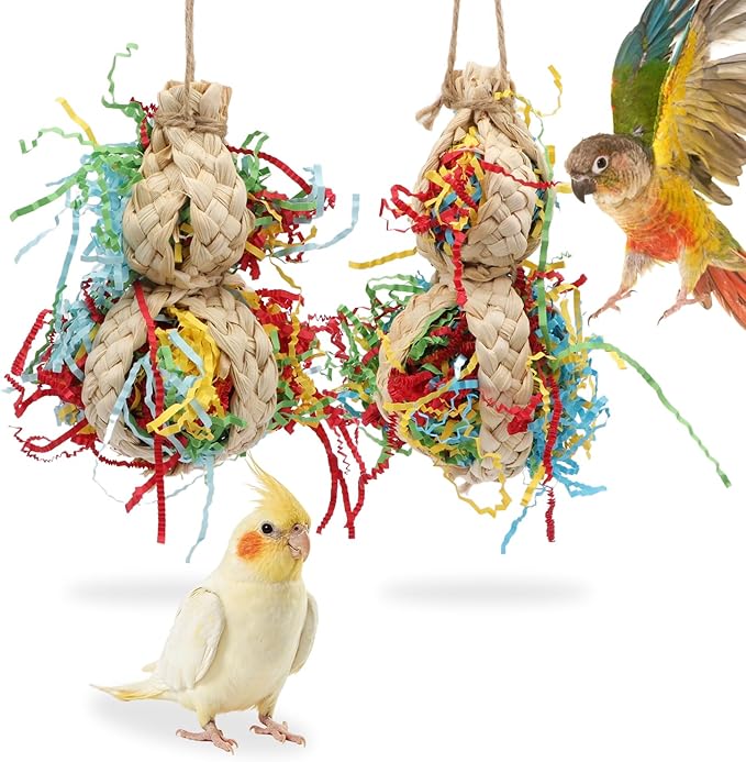 Wontee Bird Toys Colorful Shredding Crinkles Foraging Toys 2 Pack Chew Toys for Cockatiels Conures Parakeets Budgies Senegal (2 Pack-A)
