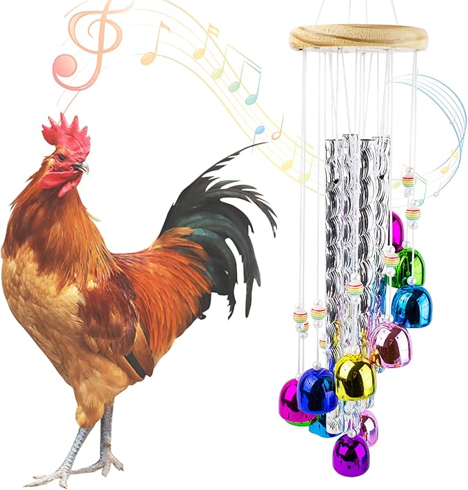 Chicken Toys for Coop, Chicken Wind Chime Enrichment Toys, Hanging Chick Peck Toy with 4 Aluminum Tubes 11 Bells, Chick Musical Coop Accessories