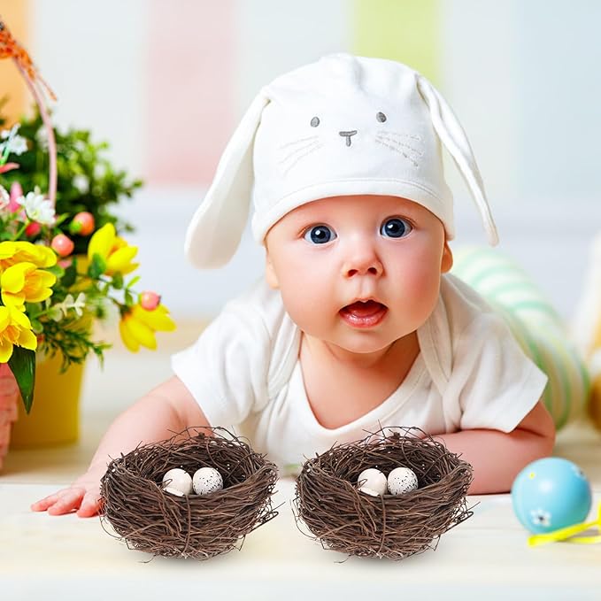 PRETYZOOM Artificial Bird Nest Decor Set with 4 Rattan Nests & 12 Speckled Eggs, 3.93 x 3.93 x 1.96 in, Realistic Nature-Themed Easter Party Favors, DIY Crafts & Home Office Decoration