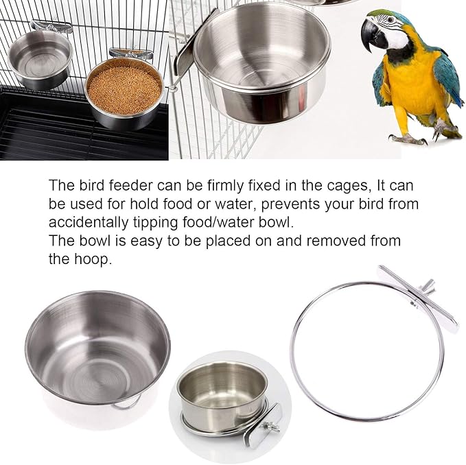 2 Pack Bird Food Bowl with 1 Fruit Skewer Holder, Stainless Steel Parrot Feeder with Clamp for cage,Stainless Steel Bowls for Cats and Dog, Bird Cage Food Water Bowls