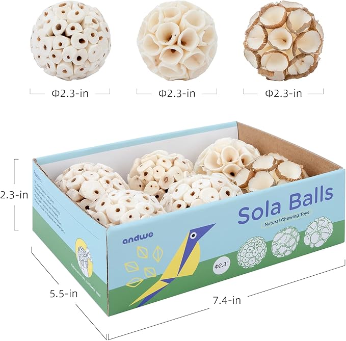 andwe Bird Toy Sola Balls - Natural Soft Chew Shredding & Foraging Toy for Cockatiel Conure Quaker Parrot Budgie Parakeet Rabbit Bunny Guinea Pig Chinchilla (Style 2 (Pack of 6))