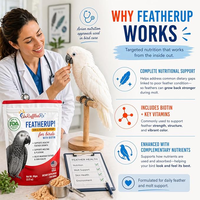 UnRuffledRx FeatherUp! Bird Molting Support & Feather Growth Supplement - for Plucking, Regrowth & Molt - Multivitamin & Amino Acids for All Birds - 90g (240 Servings)