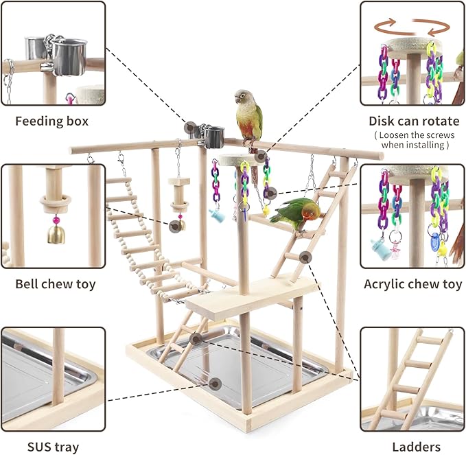 Bird Playground, Parrot Play Stand with 2 Layers of Stand Toys, Playpen for Parakeet Cockatiel Lovebirds, Exercise Playgym with Feeding Cups Stainless Steel