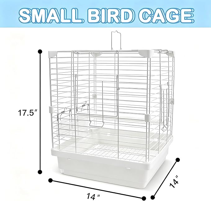 Small Bird Cage - 14x14x17.5 in Lightweight Travel Outdoor Birdcage for Parakeets, Budgies & Canaries and More Small Birds, Bird Carrier with Handle, Stand, Removable Tray, Portable for Hanging, White