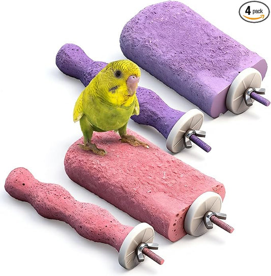 Soulchen 4 Pcs Bird Beak Grinding Calcium Stone Perches Large 4.8 Inch Parrot Teeth Mouth Molar Cage Platform Paw Grinding Sticks Jumping Stand for Macaws Parakeets Finches Cockatiel(Purple,Pink)