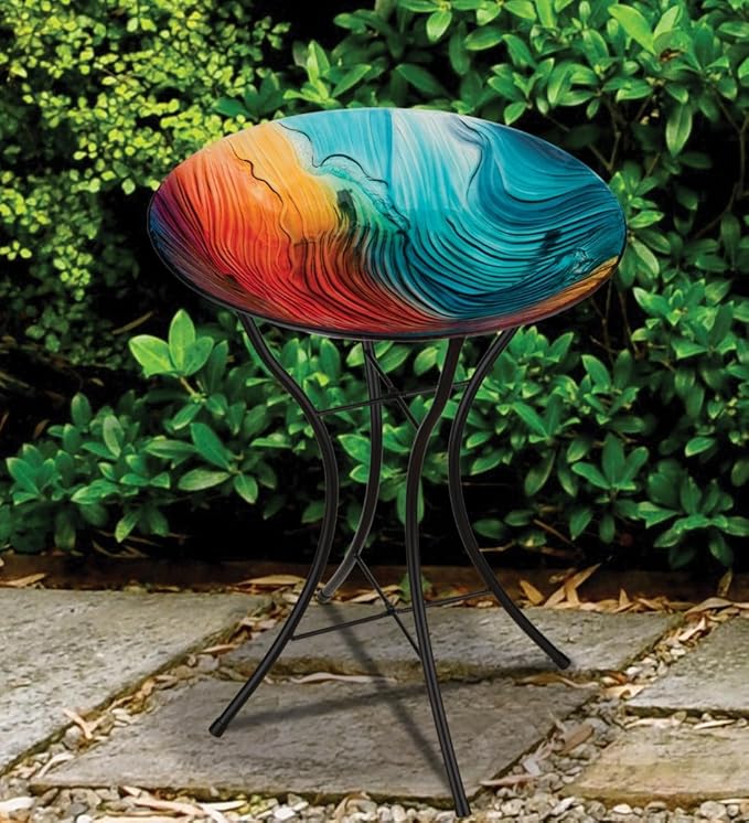 Regal Art & Gift Bird Bath with Stand - Durable Glass Bowl with Heavy-Duty Metal Stand, Easy to Fill, Ideal for Patio, Porch & Garden Décor - Swirl Multi