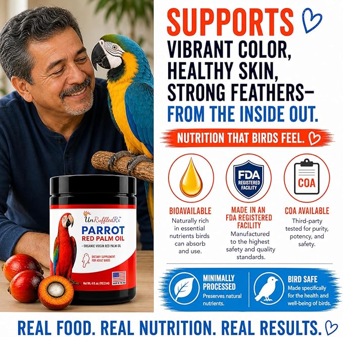 UnRuffledRx™ Red Palm Oil for Birds & Parrots - Provides Nutritional Support - Ethically Produced Organic Red Palm Oil to Support Feather & Skin Health