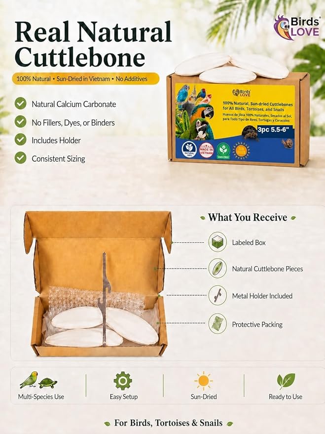 Birds LOVE 5.5-6″ Cuttlebone for Birds – 100% Natural Sun-Dried Calcium & Beak Conditioning Supplement for Parakeets, Budgies, Cockatiels, Finches & Canaries – 3 Pack with Holder – Made in Vietnam
