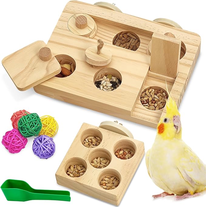 BNOSDM Wooden Bird Foraging Puzzle Toys for Parakeets, Interactive Parrot Enrichment Toys for Training & Chewing, Slow Feeder Cage Accessories for Cockatiels, Conures, Lovebirds and Other Small Birds