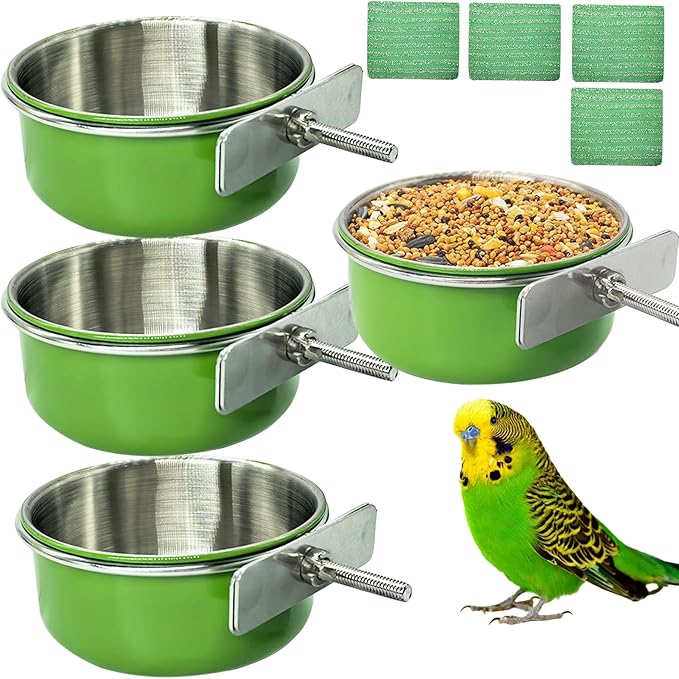 Kathson 4Pcs Stainless Steel Bird Bowls, Parakeet Food Dish Parrot Cage Feeder with Clamp Holder Small Bird Feeding Cup Pet Bird Feeder for Parakeet Cockatiels Conure Budgies Chinchilla Small Animal
