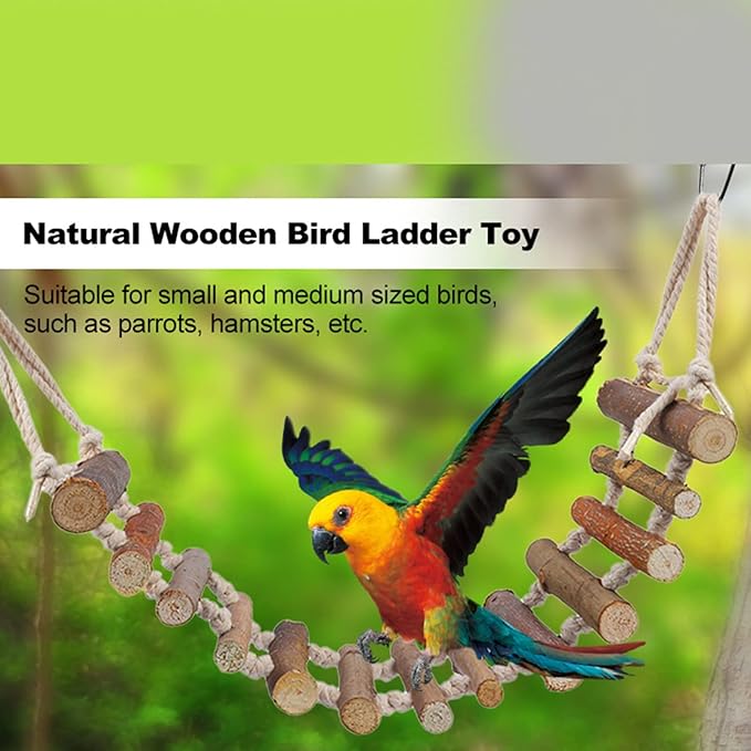 Bird Cage Ladder, 24 x 3.9in Bird Bridge, Wooden Rope Ladder Bird Toy with Metal Hooks for Budgie, Lovebirds, Cockatoo and Other Small Sized Animals