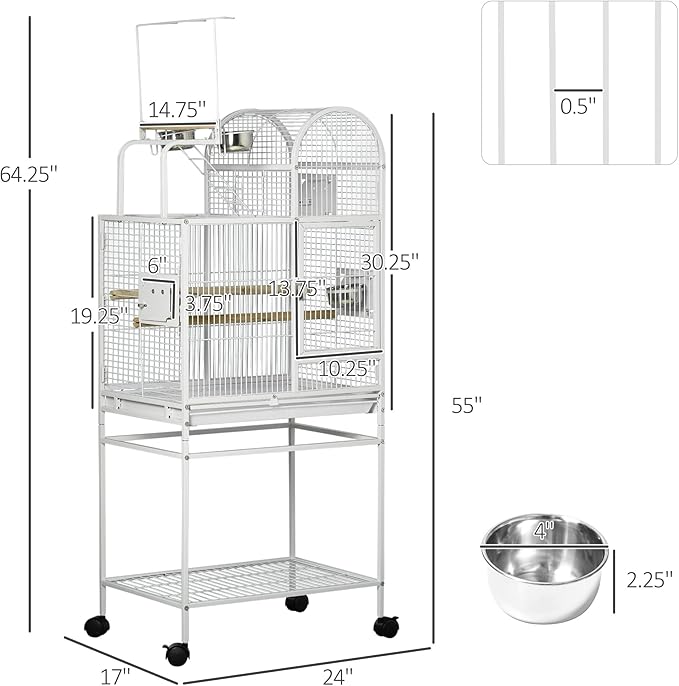 PawHut 55" Large Parrot Cage with Toy Hooks Above Top Bird Perch, Tray, Food Cups, Rolling Stand, Bird Cage for Cockatiels, Parakeets, Lovebirds
