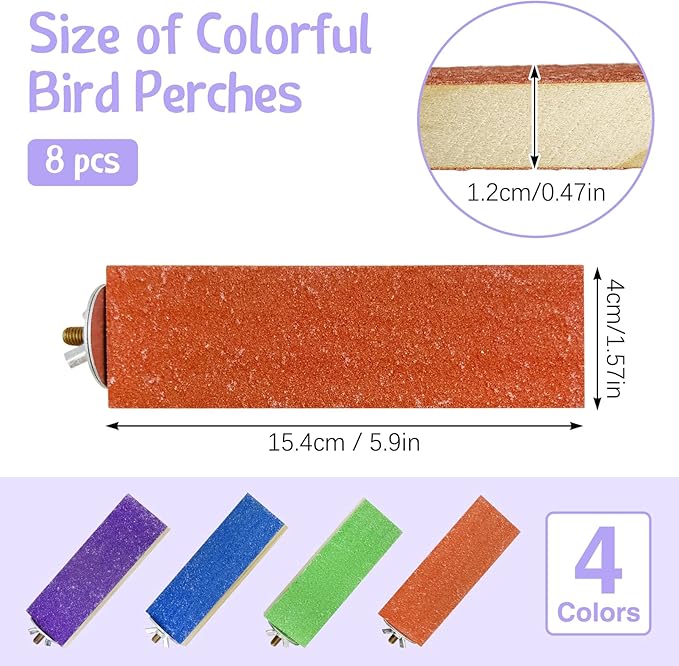 Hamiledy Colorful Bird Perches Wooden Paw Grinding Board Parakeets Stand Platform Bird Chewing Toys Cage Accessories for Budgies Cockatiels Conure Lovebirds Parrots Hamsters(8 Pcs)