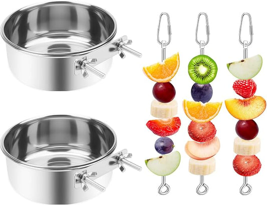 2 Pcs Bird Feeder Bowls with 3 Pcs Food Holder for Cage, Parrot Food Water Bowls and Fruit Skewer Foraging Toy, Stainless Steel Bird Feeding Dish Cups for Small Animals (Silvery, 5 Pcs)