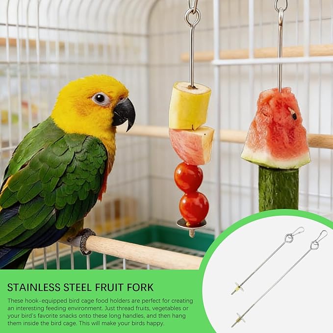 2pcs Bird Cage Food Holder with Hook Parrot Fruit Skewers Stainless Steel Birds Treats Skewer Foraging Toys for Macaw Parakeet Parrot Budgie
