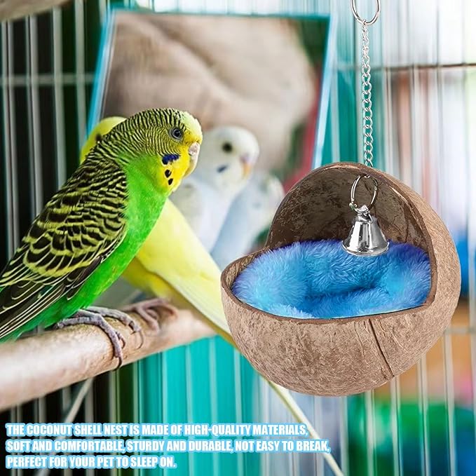 Natural Coconut Shell Bird Nest,1PC Parrot Snuggle Hut Bird Nest House,Hanging Budgie Tent Beds Resting Place for Conure Cockatiel Budgies Lovebird Parakeets Hamster Squirrel Rat Gerbil Mice