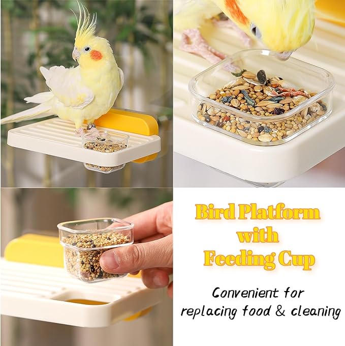 Hamiledyi Bird Cage Feeder with Platform Bird Feeding Cups with Perch Stand Feeder Bowl Cage Accessory for Parakeets Conures Cockatiels Parrot Lovebird