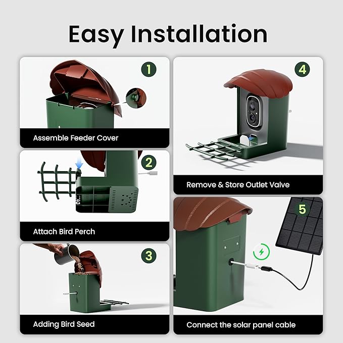 HEAPETS Bird Feeder with Camera Solar Powered, 3K HD Video, AI Bird Recognition, Auto Capture with Instant Notifications, IP65 Weatherproof, Gifts for Seniors Bird Watchers, Brown