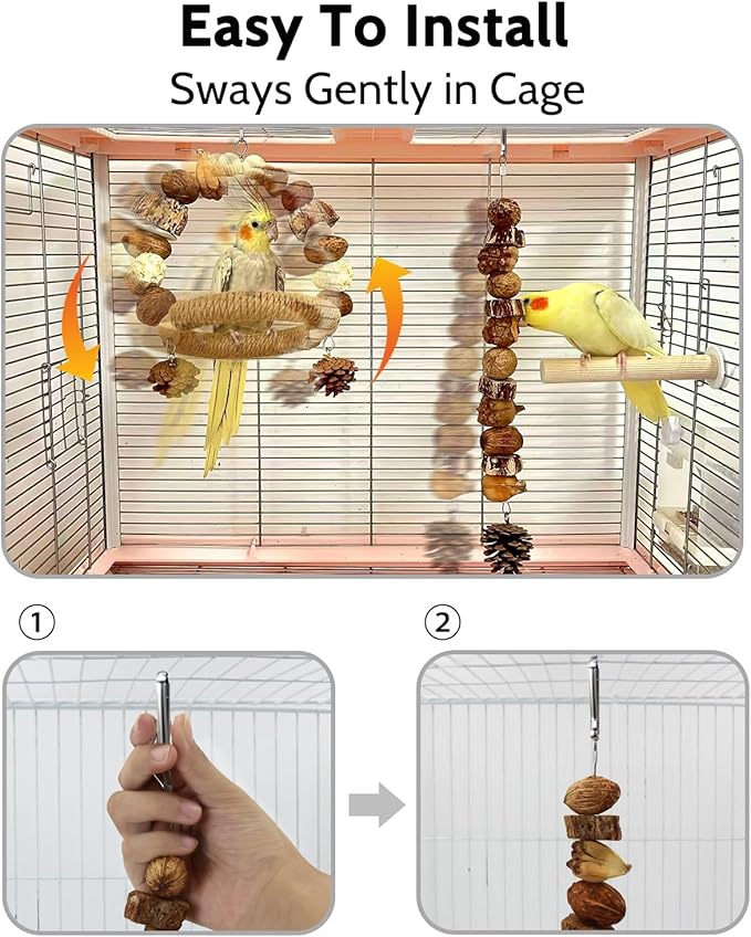 2Pcs Natural Bird Chew Toys, Wood Parakeet Swing Toys with Sisal Wrap for Claw Grinding, Hanging Safe Chew Toys for Parrot Beak Care, Multi-Play Design Cockatiel Toys for Budgie Conure Keeps Busy