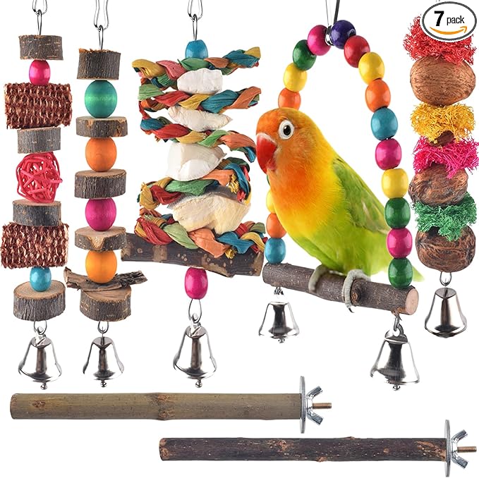 Bissap Bird Chew Toys, 7 Packs Parakeet Natural Wood Toys Parrot Hanging Cage Toy Perch Stand for Small Birds Conure Cockatiel Parrotlet Lovebird Budgie