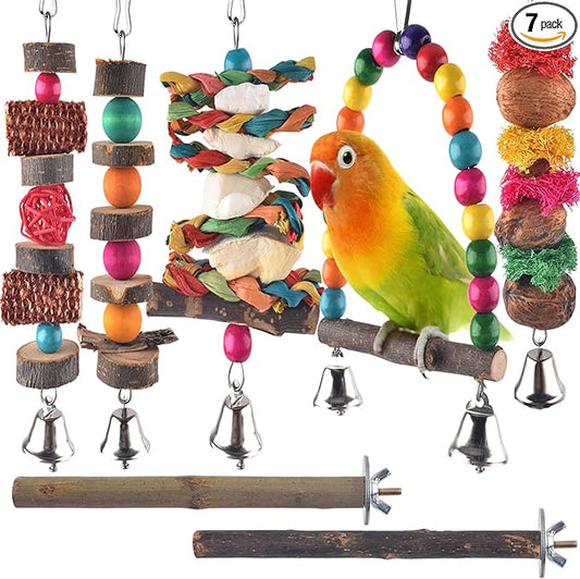 Bissap Bird Chew Toys, 7 Packs Parakeet Natural Wood Toys Parrot Hanging Cage Toy Perch Stand for Small Birds Conure Cockatiel Parrotlet Lovebird Budgie