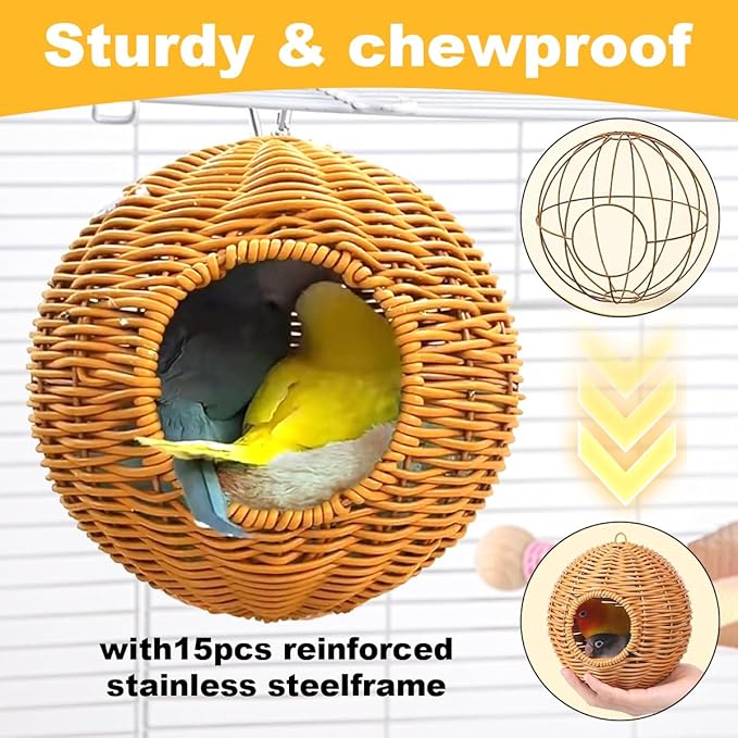 Suspended Bird Nest, Chew-Resistant Steel Frame, Breathable and Washable Small Bird Bed for Cage, Warm Nest for Canary, Lovebird, Budgie, Finch (Brown)