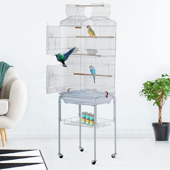 BestPet 64 inch Wrought Iron Bird Cage for Parakeets Medium Small Parrots Parakeet Cage with Detachable Rolling Stand & Play Open Top for Cockatiels Lovebird Finches Canaries,White