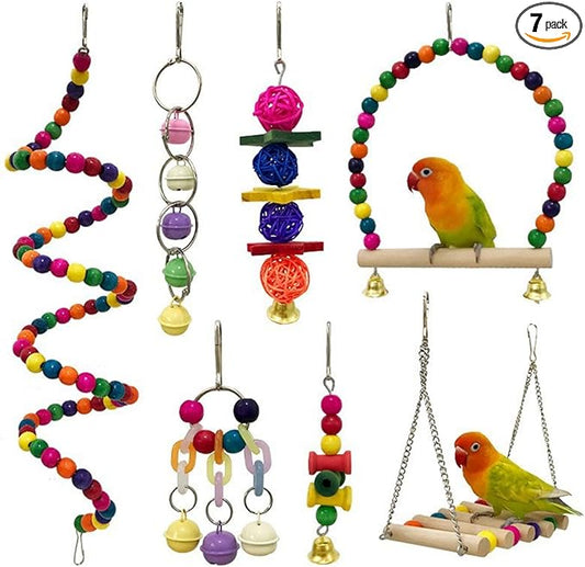 7 Packs Bird Toys for Parakeets, Colorful Parrot Toys with Swings, Bells, Beads, and Perches, Natural Wood Bird Cage Toys for Cockatiels, Lovebirds, Budgies, Conures, and Small Birds