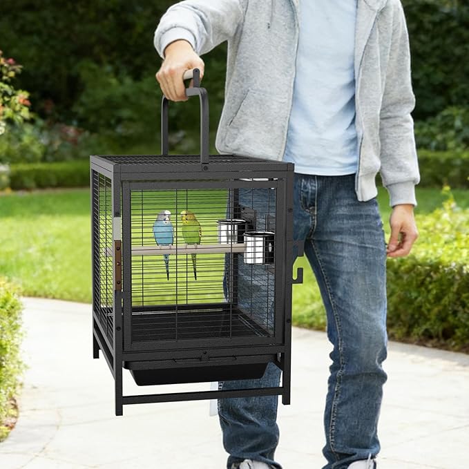 Large Bird Cage, 71" h Rolling Birdcage with Play Top & Storage Cabinet, Wood Parakeet Cage for Macaw Parakeet Parrot Cockatiel Budgie (Black)