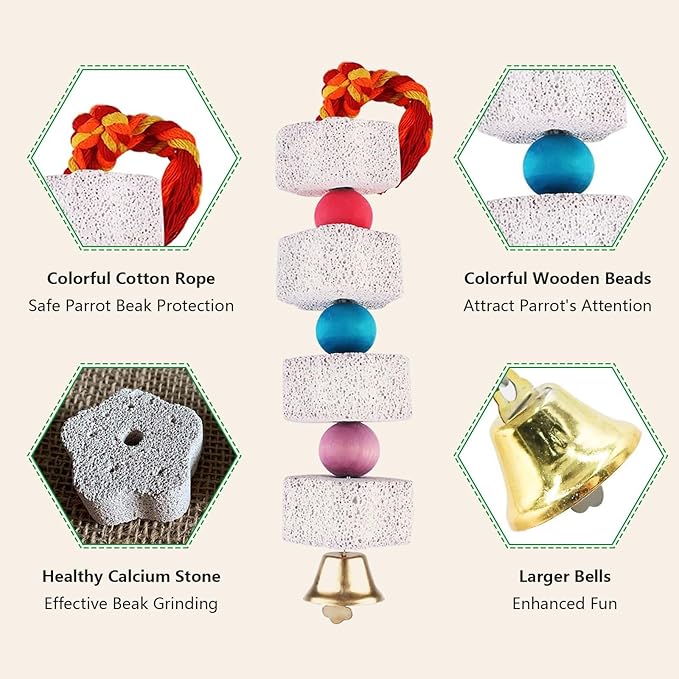 Bird Beak Grinding Stone with Bell Lava Block Calcium Supplement Food Parrot Chewing Toy for African Greys Parakeets Cockatiels Hamster Chinchilla Beak Trimming Mineral Chew for Bird Cage