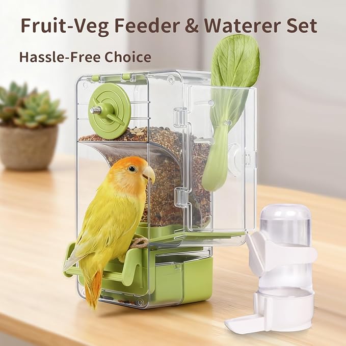 No Mess Bird Feeder with Veggie Skewer and Water Bottle Set, 15oz Feeder with Seed Hull Catcher + 4.7oz Leak-Proof Dispenser, Cage Accessories for Cockatiels, Conures, Parakeets, Lovebirds (Green)