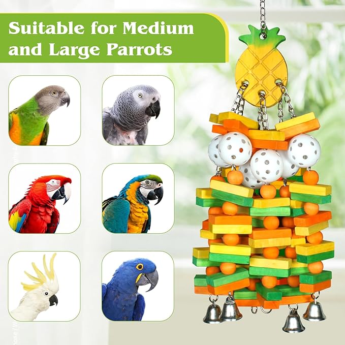 Large Wooden Bird Toys for Parrots, Cockatoos, Cockatiels, and Parakeets, Safe and Durable Shredding Cage Toy for Engaging Play (Pineapple)