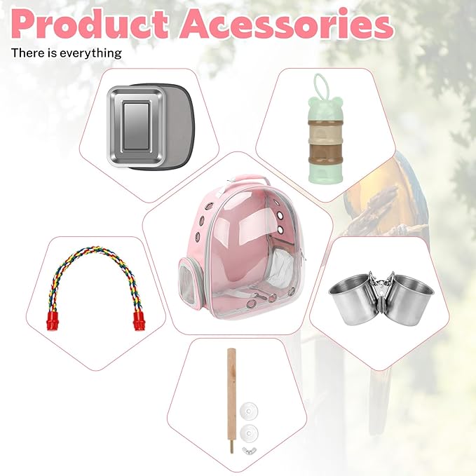 Rypet Bird Carrier Backpack Parrot Portable Breathable Bag Pet Bird Lightweight Travel Cage with Standing Perch and Stainless Steel Tray（Pink）