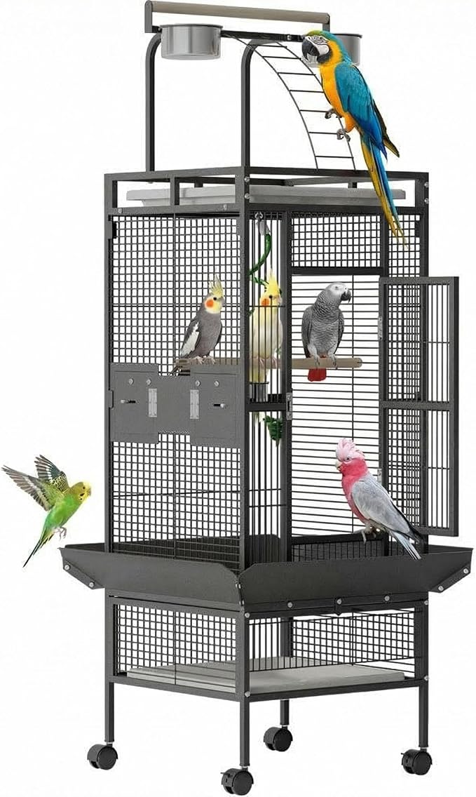 Garvee 60 inch Large Bird Cage with Rolling Stand, Metal Parrot Cage with Play Top & 4 Stainless Steel Bowls, Birdcage Pet House for Conure Cockatiel Parakeet Lovebird, Black