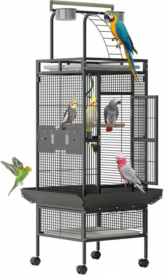Garvee 60 inch Large Bird Cage with Rolling Stand, Metal Parrot Cage with Play Top & 4 Stainless Steel Bowls, Birdcage Pet House for Conure Cockatiel Parakeet Lovebird, Black