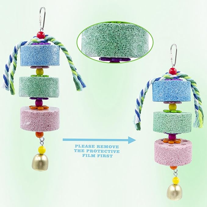 Mineral Block Chew Toys with Colorful Beads and Bell, Bird Beak Grinding Stone, Cage Accessories for African Grey, Budgies, Cockatiels, Small to Medium Birds