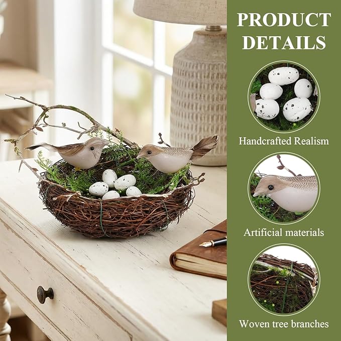 Hemoton 6" Bird's Nest with 5 Artificial Foam Eggs, Natural Swallow Rattan Birds Nests for Crafts, Natural Easter Decorations for Home Garden Party, Nido De Pajaros