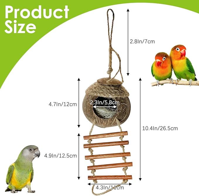 Tfwadmx Coconut Bird Nest Hut with Ladder Natural Coconut Fiber Shell Hanging Coco Birds House Parrot Cage Decor for Parrot Parakeet Lovebird Finch Canary