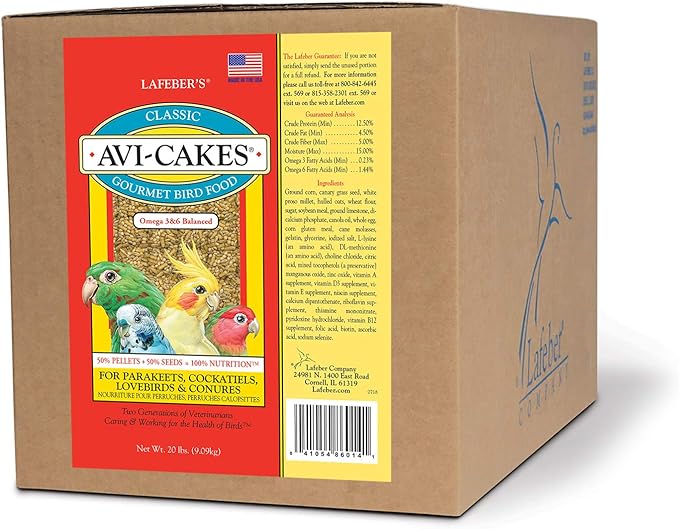 LAFEBER'S Classic Avi-Cakes Pet Bird Food, Made with Non-GMO and Human-Grade Ingredients, for Cockatiels Conures Parakeets (Budgies) Lovebirds, 20 lb