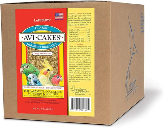 LAFEBER'S Classic Avi-Cakes Pet Bird Food, Made with Non-GMO and Human-Grade Ingredients, for Cockatiels Conures Parakeets (Budgies) Lovebirds, 20 lb