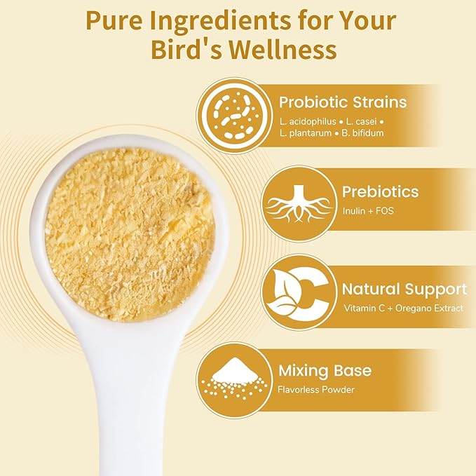 Bird Probiotic Powder for Gut Balance, Digestive & Immune Support – 10 Billion CFU Probiotic + Prebiotic with Vitamin C & Oregano – Molting & Stress Support for All Birds - Parakeet Parrot Cockatiel
