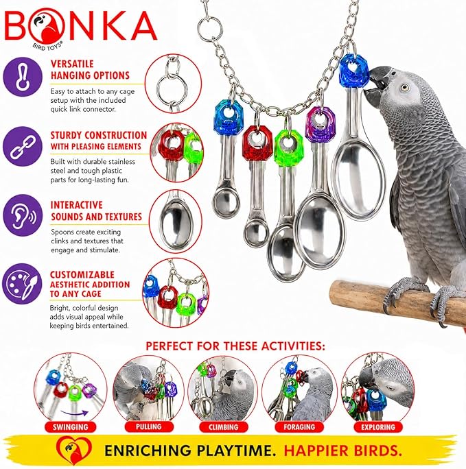 Bonka Bird Toys 1969 Spoon Delight Parakeets Cockatiel Conure Interactive Hanging Stainless Steel Spoons Chewing Foraging Enrichment Cage Medium Large Parrots 12.5" Chew Colorful Parts