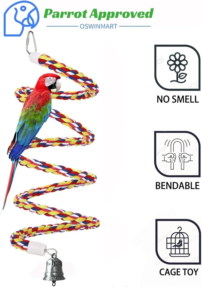 2Pcs 43'' Bird Rope Perches Birdcage Swing Toys 100% Cotton Natural Bird Perch Peck/Chewing with Vintage Bell Climbing Standing Bungee Parrot Toys for Small to Regular Size Parrot Cockatiel Birds