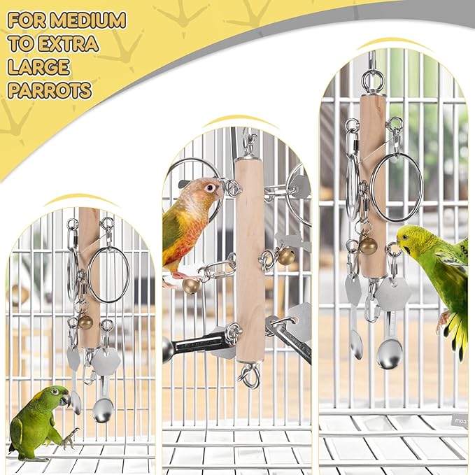 VINGVO Parrot Bird Toys with Metal Spoons, Stainless Steel Keys Rings Toy, Intelligence Development Crisp Sound Toys for Amazons Mini Medium Large Macaws African Greys Cockatoos Eclectus