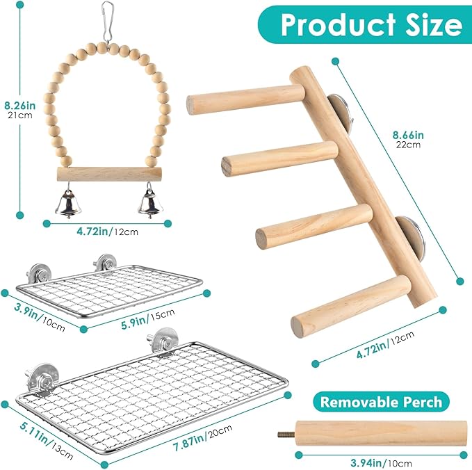 DBNESS 4Pcs Bird Perches Toys, Stainless Steel Perch Platform (2 Sizes), Natural Wood Parrot Climbing Ladder & Swing with Bell, Play Gym Cage Accessories for Budgie Cockatiel Lovebird Canary Conure