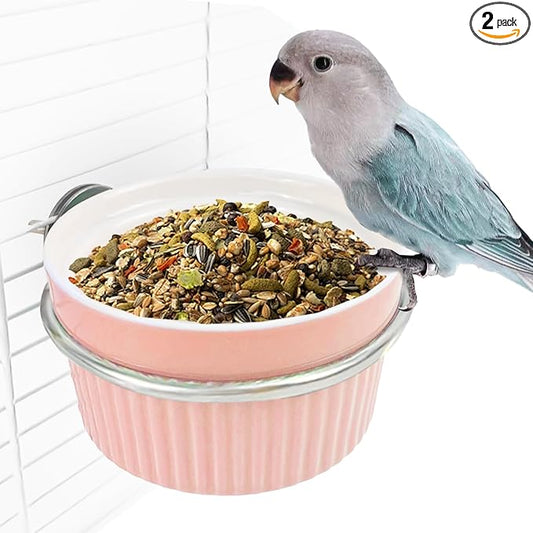 Bird Cage Feeder Parrot Food Cage Bowl Clamp Holder Coop Cup, Ceramic Bird Cage Water Bowl, Pet Feeder Cage for Parakeet African Greys Conure Cockatiels Lovebird Budgie Chinchilla-Pink