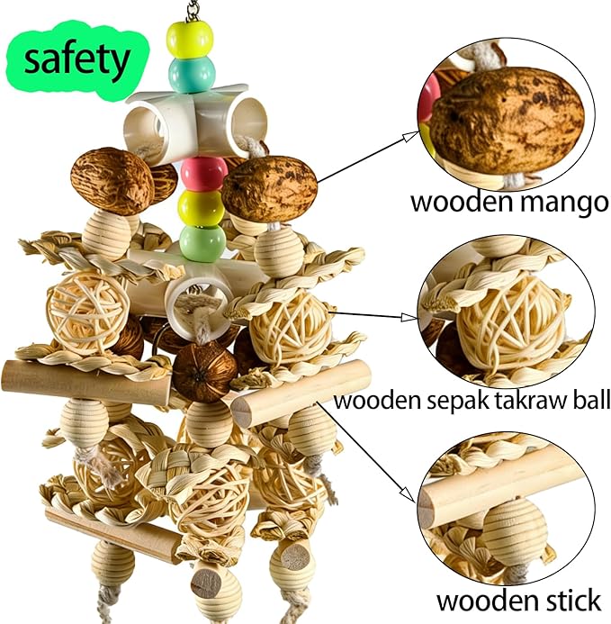 Natural Wooden Parrot Toy - Safe Bird Chewing Toy for Parakeets, Cockatiels, Conures, and Small to Medium Parrots