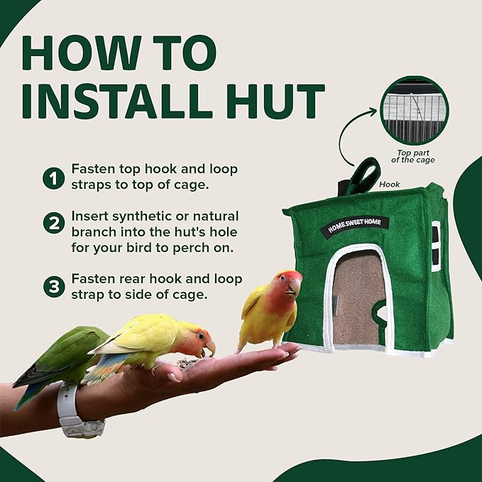 Crazy K Farm- Avian Haven Bird Hut, Comfy Bird Snuggle Hut, Plush Pet Bird Hut for Sleeping and Snuggling, Hanging Bird Cage Hut with Sherpa, Cozy Bird Cage Accessories Extra Small, Green